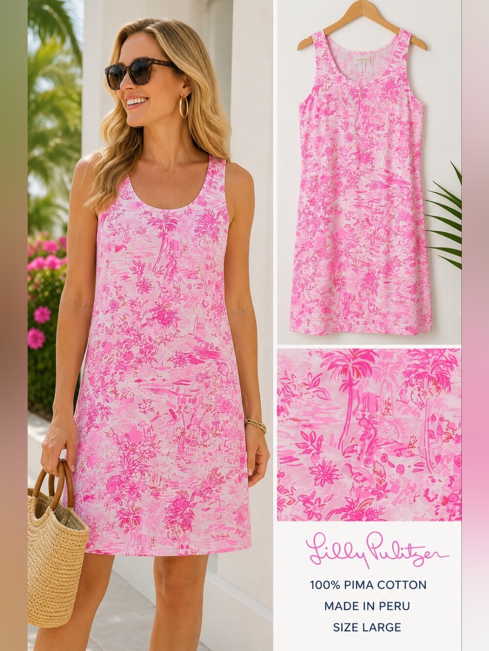 Lilly Pulitzer Pink White Tropical Print Sleeveless Shift Dress 100% Pima Cotton